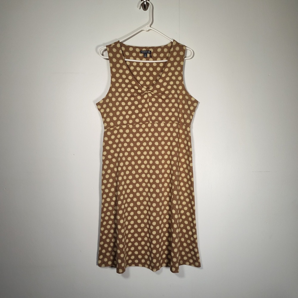 Toad&Co Rosemarie Sleeveless Dress XL Tan Daisy Floral Organic Cotton Athleisure